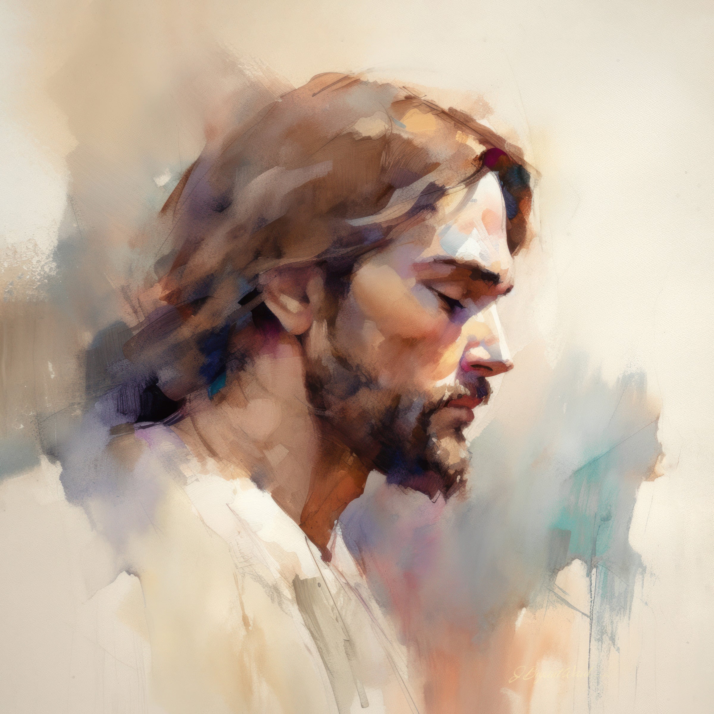 Watercolor and oil-style portrait of Jesus Christ in right-facing profile with eyes downcast, wearing a white robe, rendered in warm earth tones, soft mauves, and blue-grey shadows against a luminous light background, by artist Jay Bryant Ward.