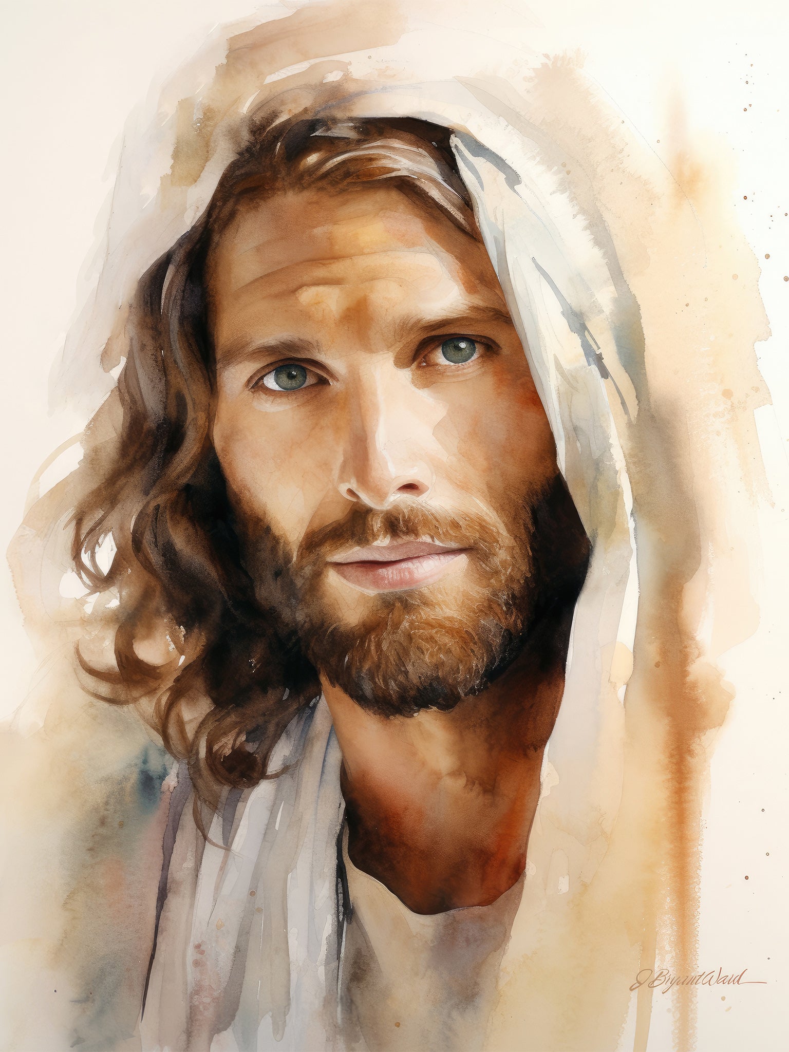 Watercolor portrait of Jesus Christ with long wavy brown hair, short beard, and green eyes, wearing flowing white and ivory robes and a head covering, painted in warm golden and earthy tones by artist Jay Bryant Ward.