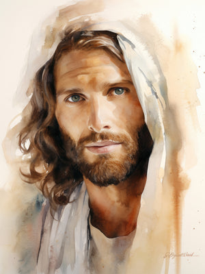 Watercolor portrait of Jesus Christ with long wavy brown hair, short beard, and green eyes, wearing flowing white and ivory robes and a head covering, painted in warm golden and earthy tones by artist Jay Bryant Ward.