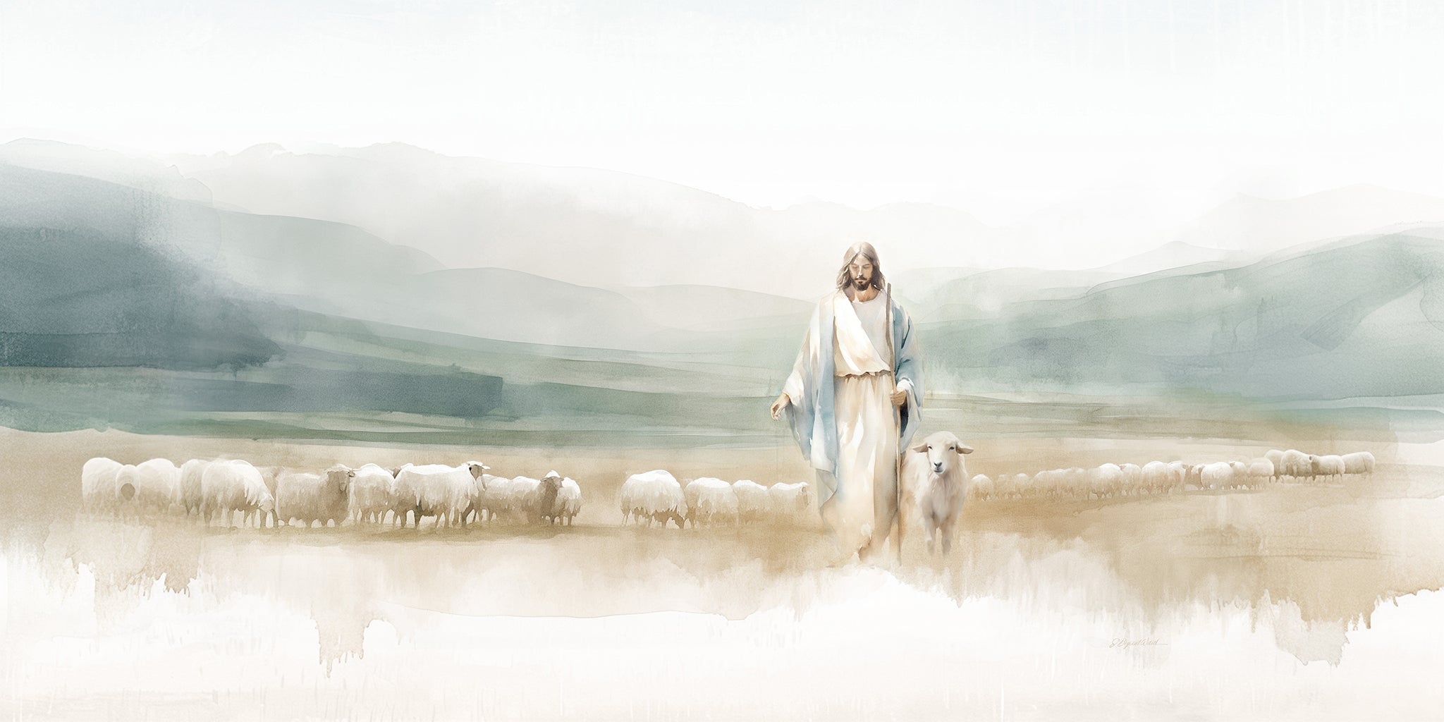 Watercolor fine art print of Jesus Christ in white and pale blue robes walking among a large flock of sheep across a soft pastoral landscape, with rolling hills and misty mountains in the background and a single lamb walking closely beside him.