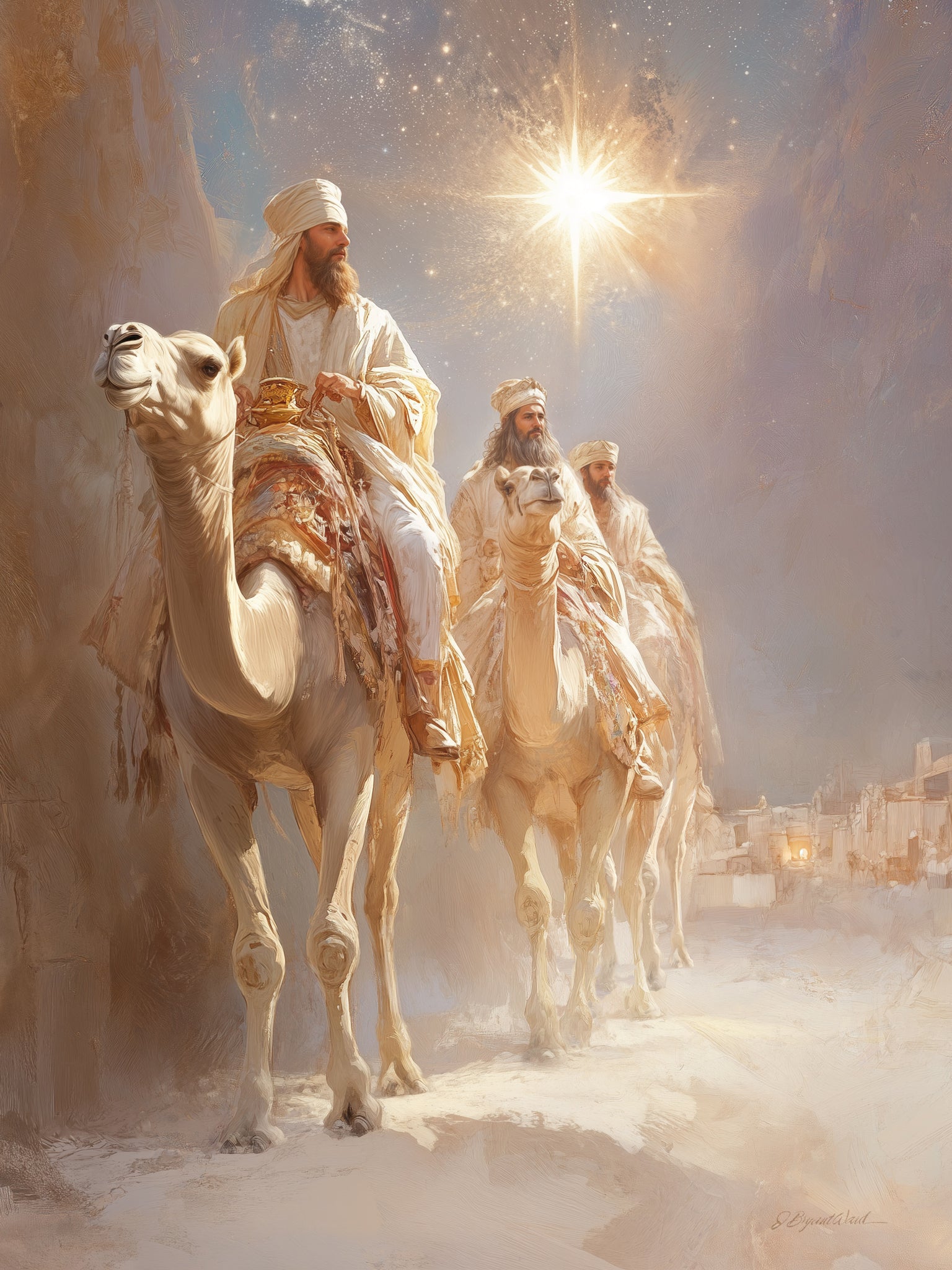 Ethereal digital painting of the three Magi in white and gold robes riding white camels across a pale desert toward the brilliantly glowing Star of Bethlehem, with a starlit sky and a faintly glowing distant city in the background, rendered in warm ivory, cream, and gold tones.