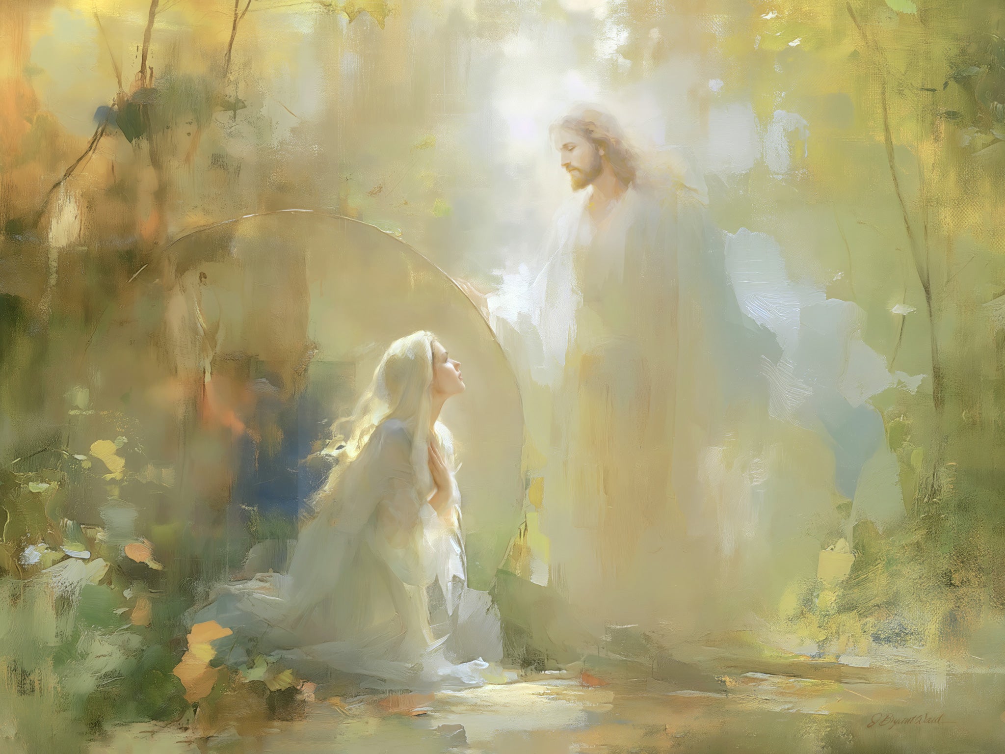 Impressionistic oil painting of Mary Magdalene kneeling and gazing upward at the radiant, white-robed figure of the risen Christ, surrounded by warm golden-green garden foliage with divine light emanating from the central figure, evoking the biblical scene from John 20:14-16.