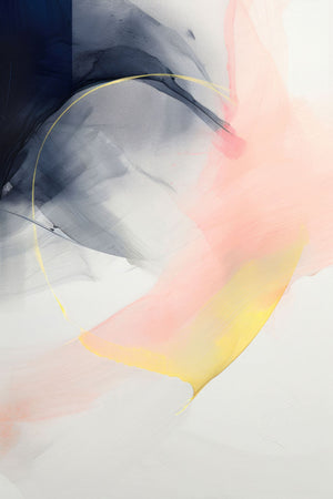 Abstract art with pink, yellow, gray, and gold, featuring bold brushstrokes and flowing textures.