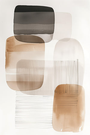 Vertical minimalist abstract art print featuring overlapping rounded rectangular and organic shapes in charcoal, taupe, sandy beige, and warm brown tones on an off-white background, with watercolor-like transparency and delicate hand-drawn line work throughout the composition.