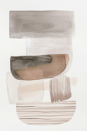 Vertical minimalist abstract watercolor print featuring stacked organic and geometric shapes in warm neutrals — taupe, greige, blush, and charcoal — evoking balance and earthy stillness.