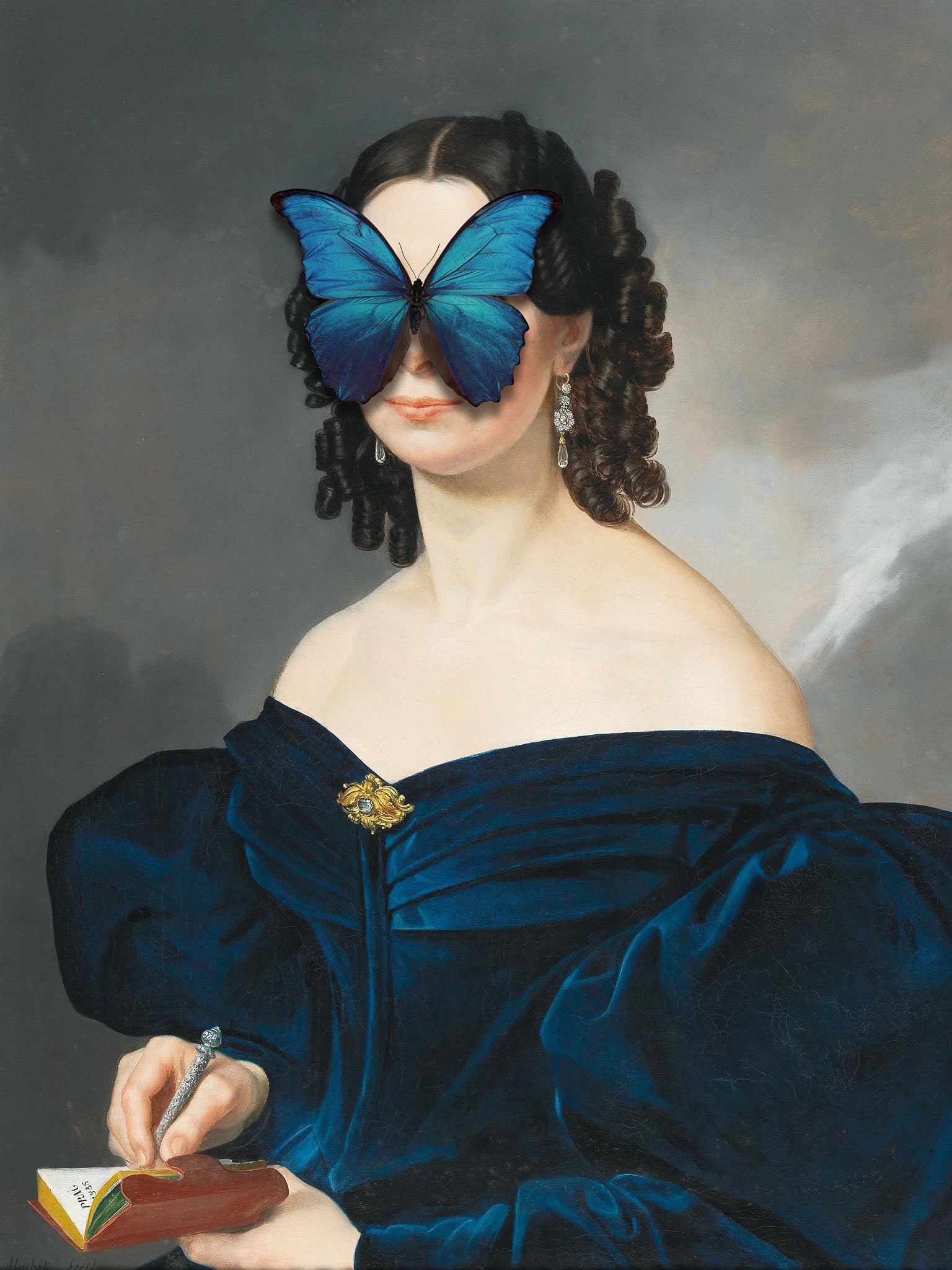 knee length dresses for ladies Madame Butterfly - Portrait of a Lady in a Blue Dress | Surreal Altered  Vintage Art