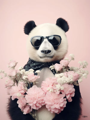 Stylized photorealistic panda wearing dark aviator sunglasses and a black polka-dot neck scarf, holding a large bouquet of soft pink peonies and white baby's breath, against a pastel pink background, in a vertical portrait composition.