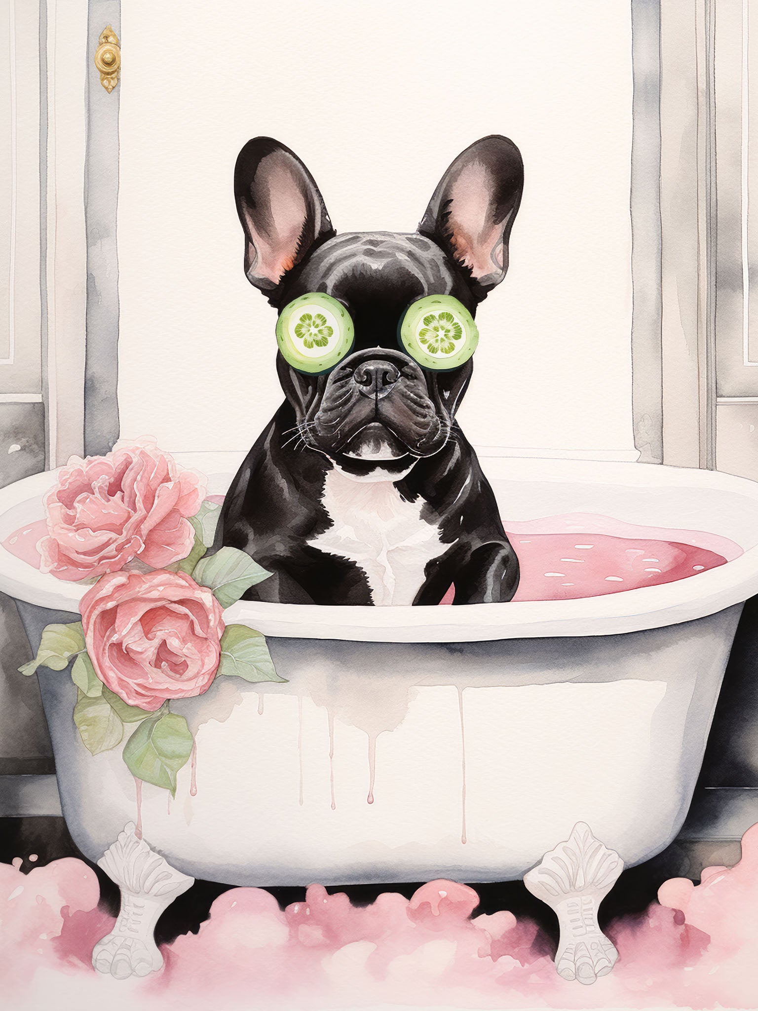 Bathing Beauties - Frenchie Edition | Whimsical Spa Art | Pink