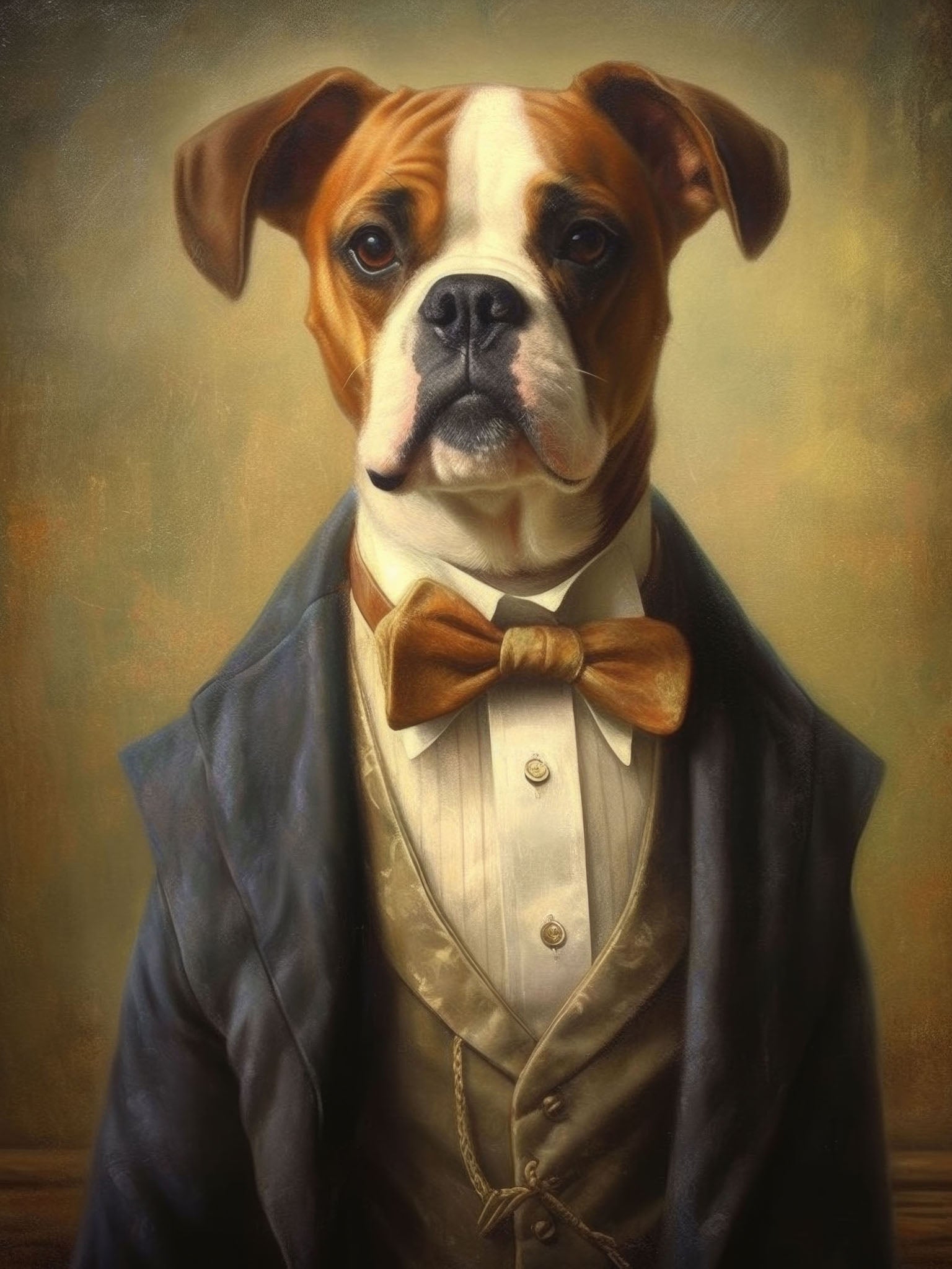 Refined boxer breed in a suit and bowtie, with a serious expression and intelligent gaze. Vintage-style portrait with a regal, sophisticated vibe.