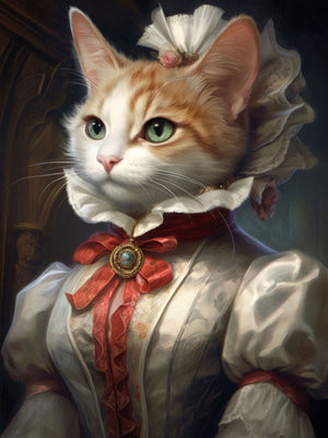 Regal anthropomorphic cat in Victorian dress with lace, ribbons, and jewels, exuding elegance and charm in a refined and majestic pose.