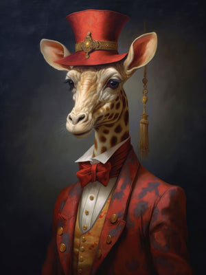 Anthropomorphic giraffe in Victorian attire with top hat, red jacket, and bow tie, depicted in a whimsical and sophisticated digital art style.