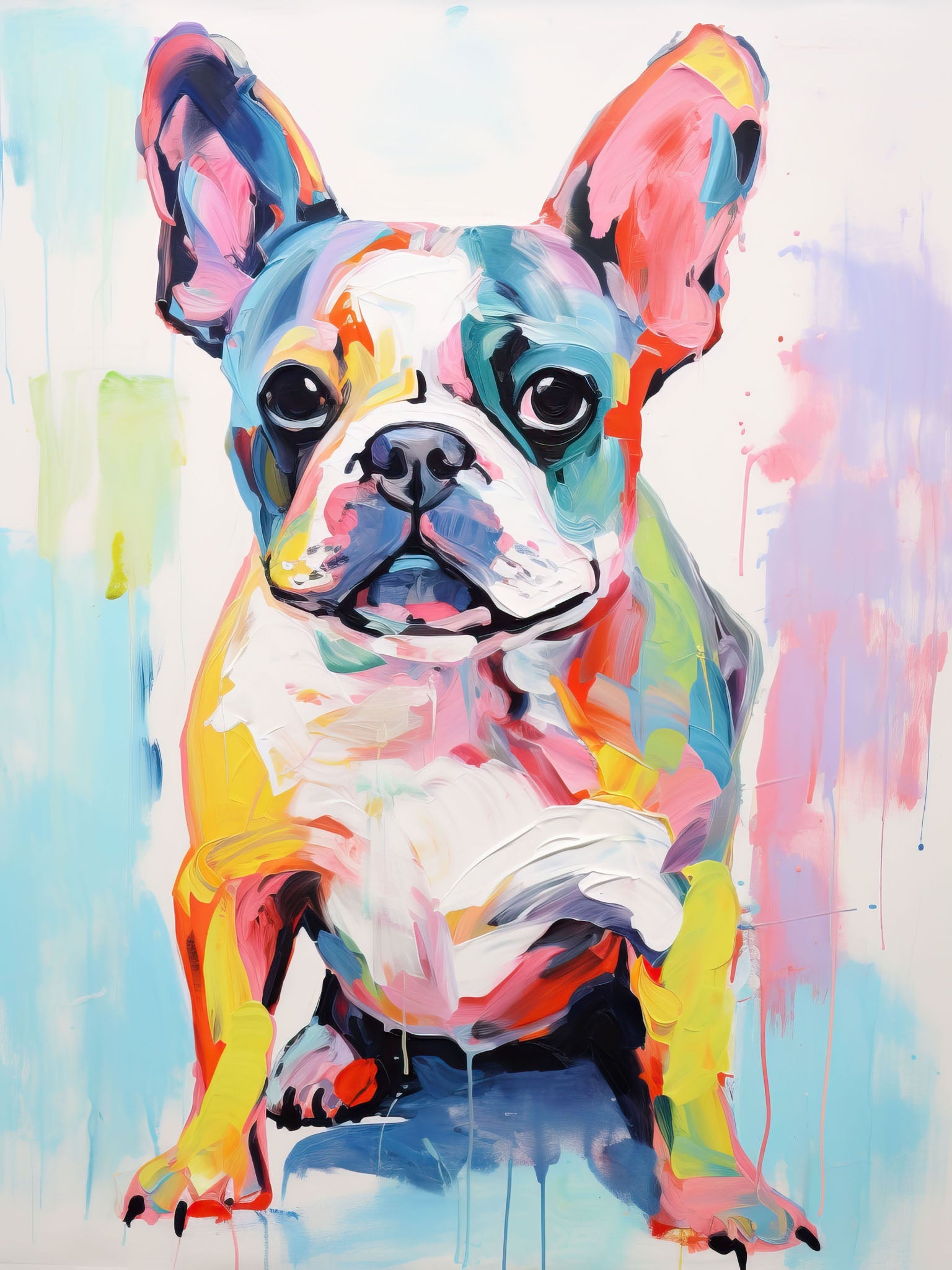 Joyful French Bulldog painted with bold, multicolor strokes in a vibrant, contemporary impasto style.