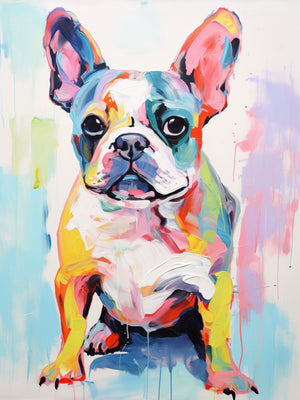 Joyful French Bulldog painted with bold, multicolor strokes in a vibrant, contemporary impasto style.