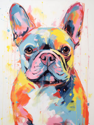Vibrant, abstract portrait of a joyful French Bulldog with bold paint splatters in multicolor.