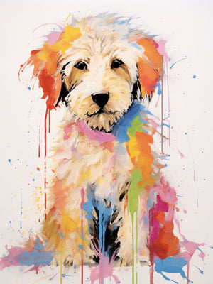 Abstract portrait of a joyful Golden Doodle with vibrant paint splashes, brush strokes, and mixed media in bold colors.