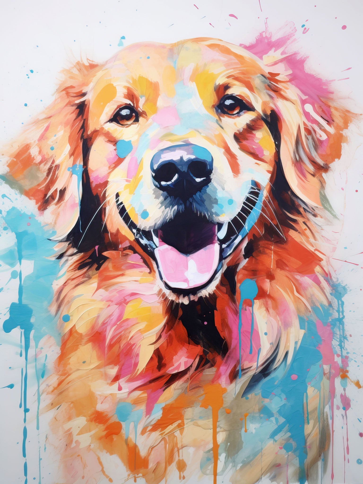 Colorful abstract portrait of a smiling golden retriever with vibrant paint splashes and energetic brush strokes.