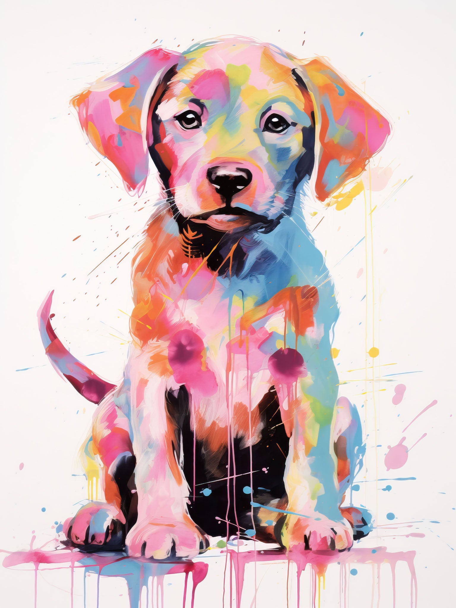 Vibrant and colorful painting of a joyful labrador puppy sitting, created with multicolored inks and abstract splatters, perfect for pet lovers.