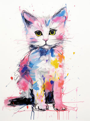 Vibrant and whimsical painting of a colorful cat with abstract splatters and expressive strokes in pink, blue, and yellow.