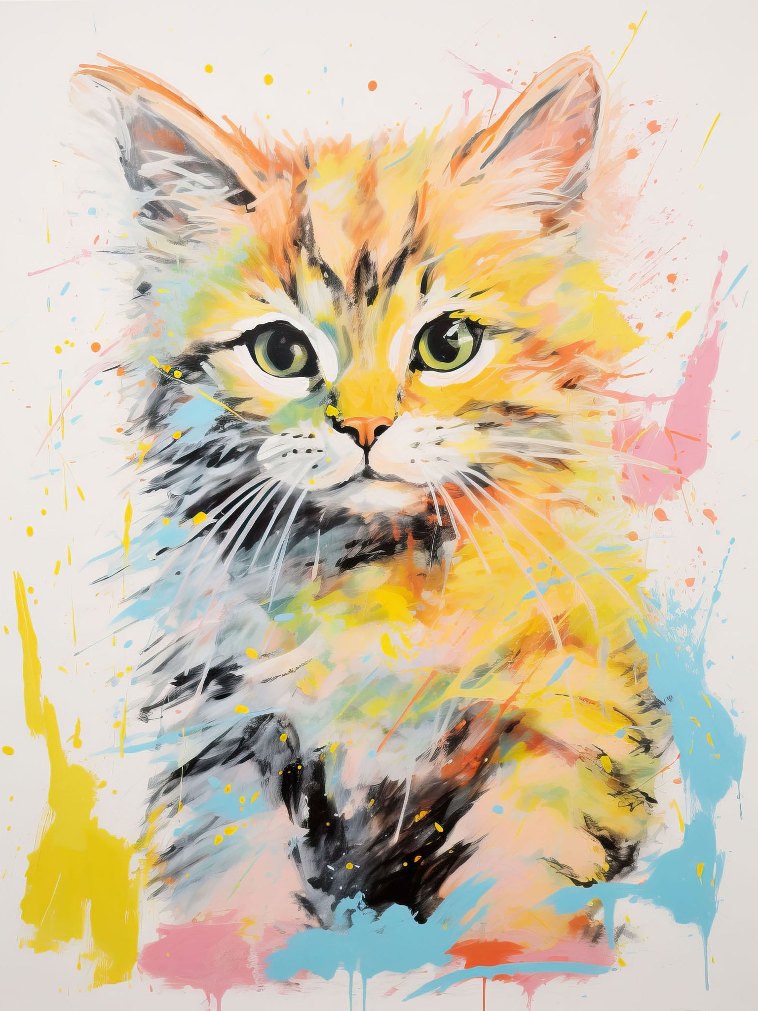 Cheerful and vibrant painting of a colorful kitten with bright splashes of orange, yellow, blue, and pink on a white background.