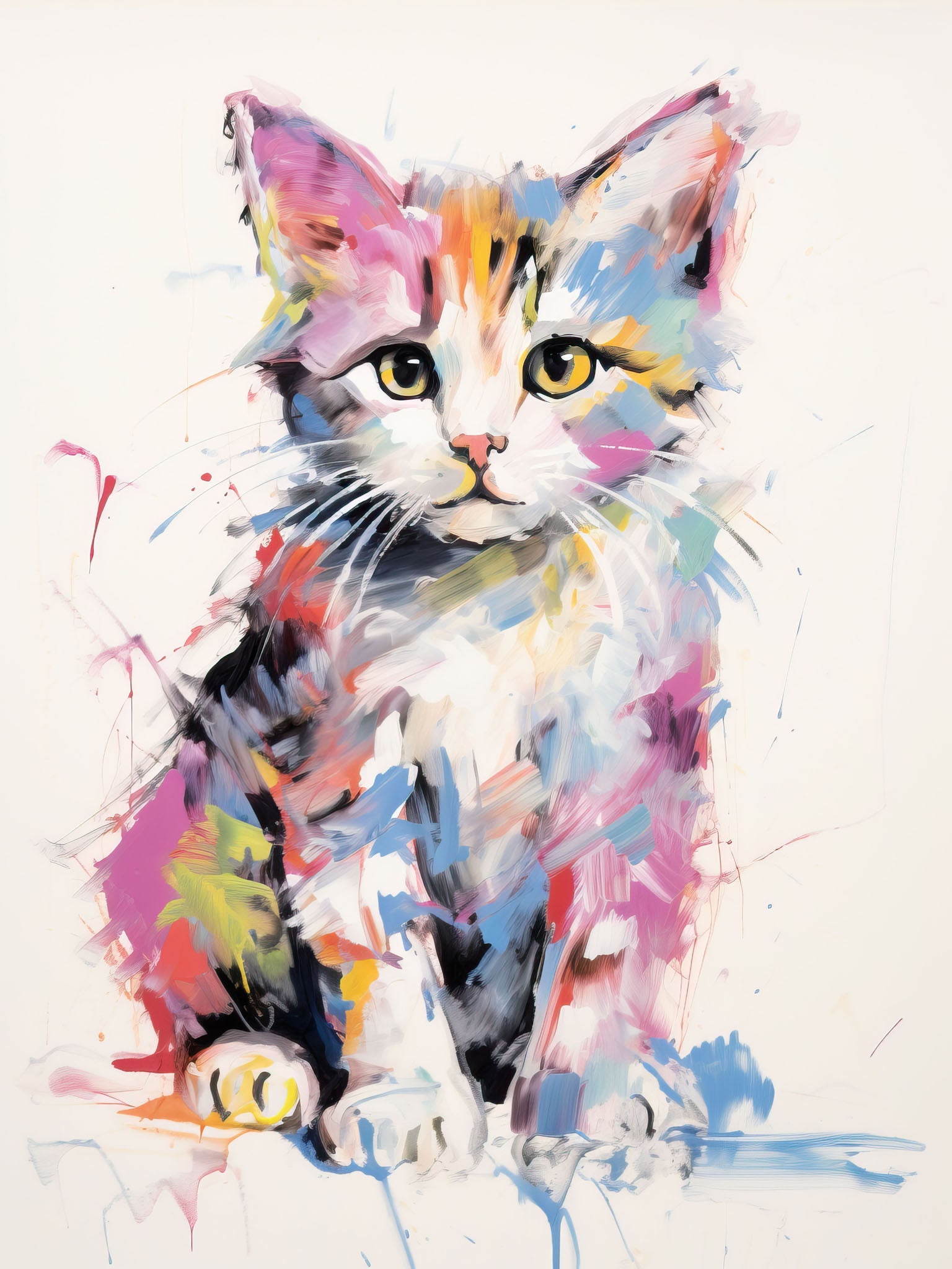Bold and colorful painting of a lively tabby kitten with vibrant brush strokes and abstract patterns, perfect for modern art lovers.