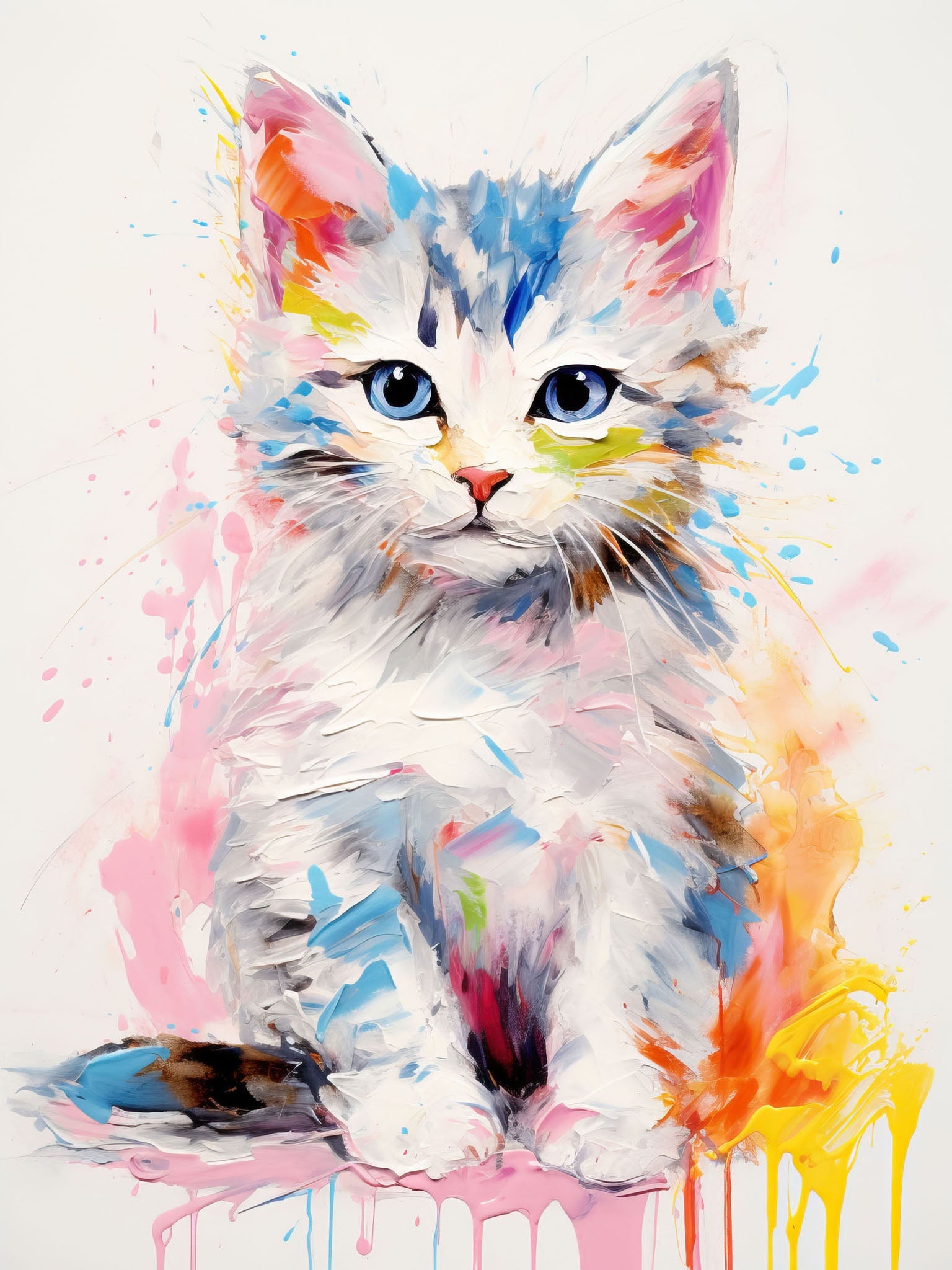 Vibrant and colorful painting of a playful tabby kitten with bold, expressive brush strokes in yellow, blue, and pink on a white canvas.