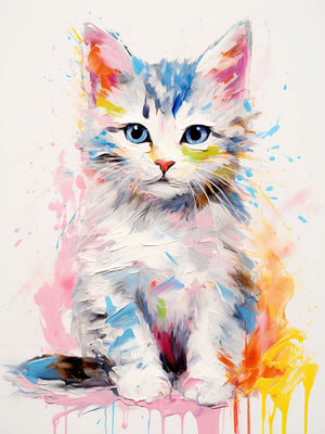 Vibrant and colorful painting of a playful tabby kitten with bold, expressive brush strokes in yellow, blue, and pink on a white canvas.