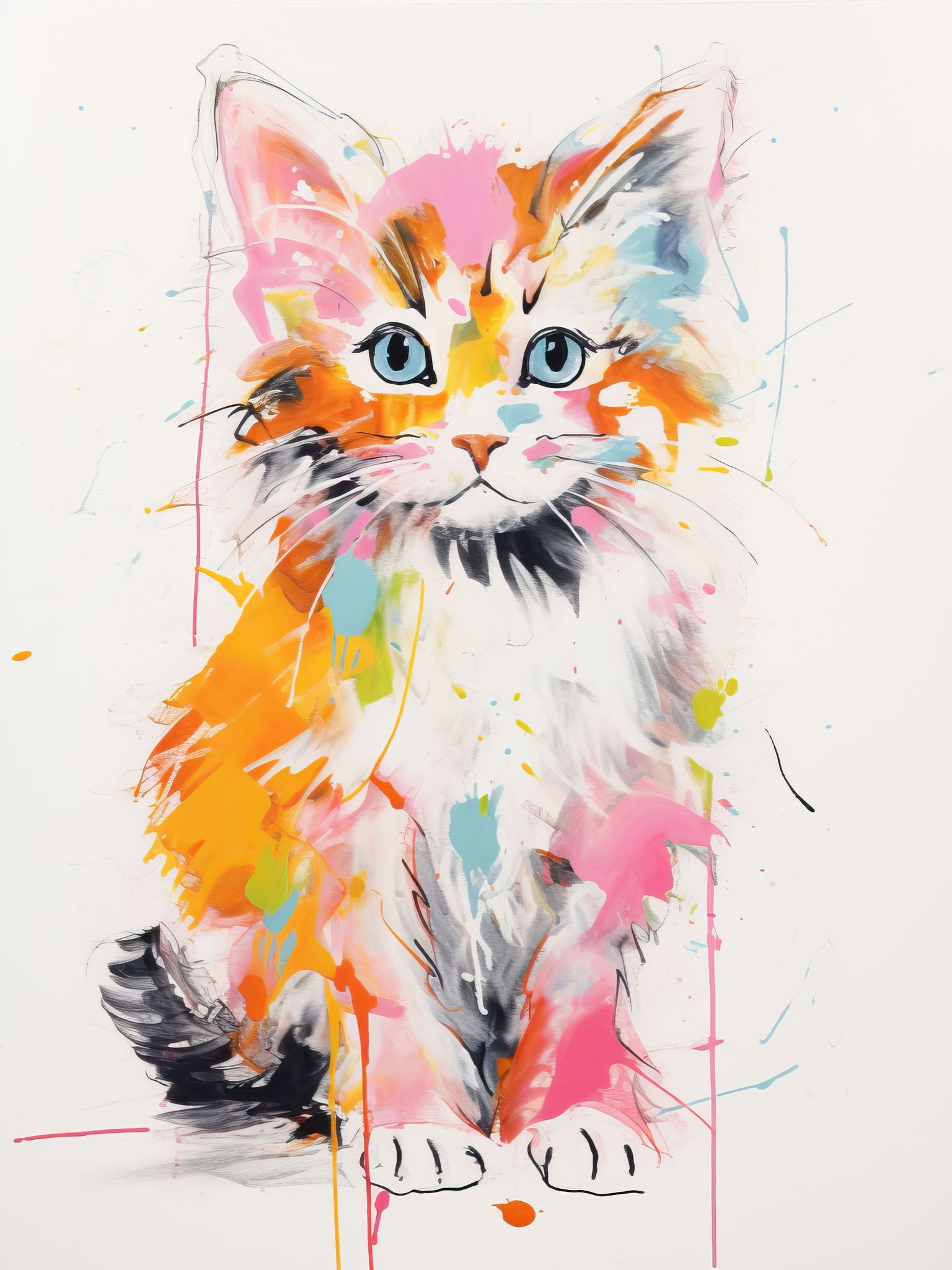 Vibrant and whimsical painting of a playful cat with bold splashes of orange, pink, and blue on a white background, ideal for modern art lovers.