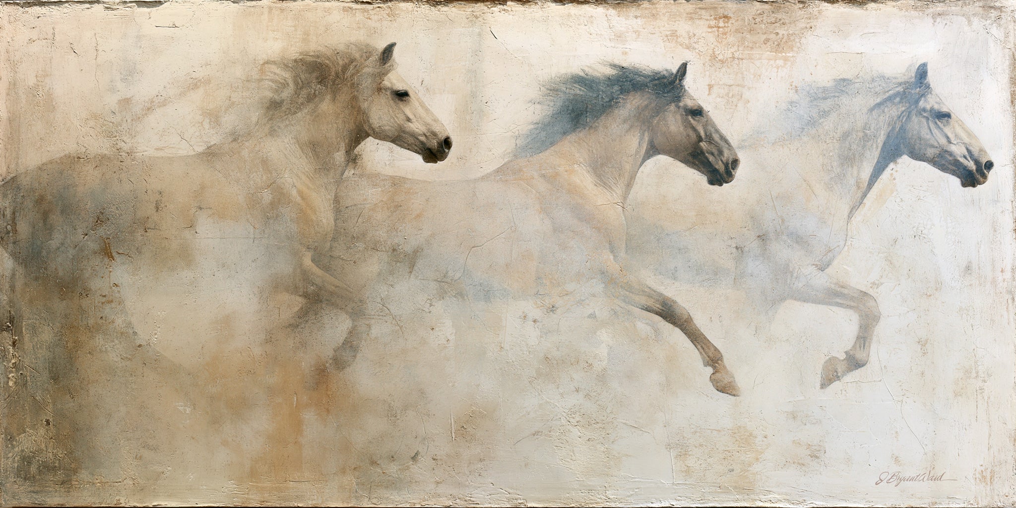 Painterly mixed-media art print of three wild horses in full gallop moving from right to left across a weathered, textured background of cream, taupe, and soft blue-gray. The horses emerge from and dissolve into atmospheric dust and mist, with detailed manes and heads rendered in muted earth tones. Artist signature visible in lower right corner.