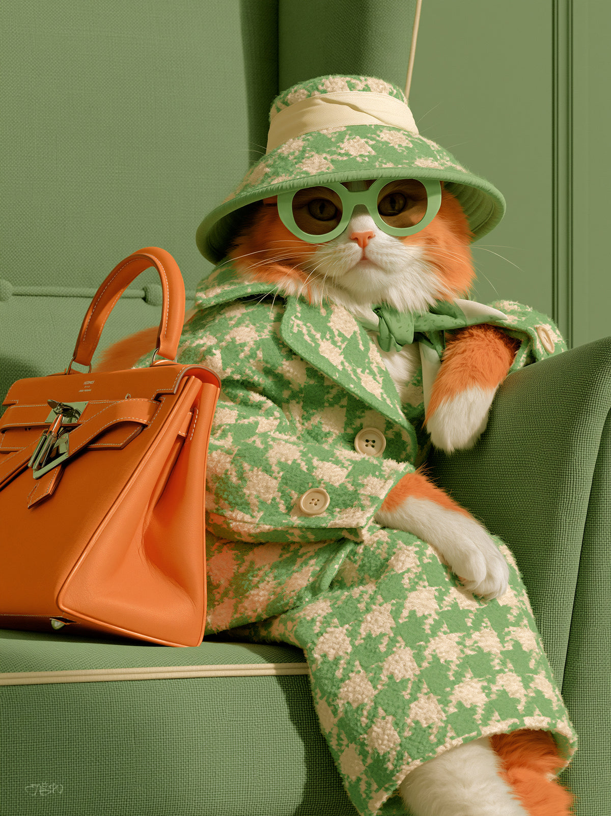 Whiskers in Green Gingham Tweed by Jay Bryant Ward, a humorous, whimsical art print