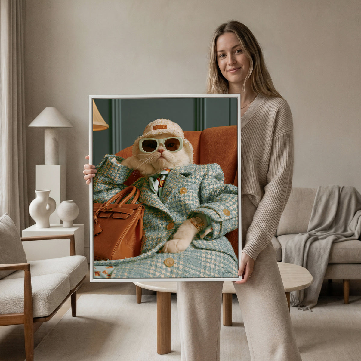 A woman stands in a modern living room holding a large framed art print. The print features a stylish white cat dressed in a teal and beige houndstooth blazer, sunglasses, and a beige hat, lounging in an orange armchair with a brown handbag.