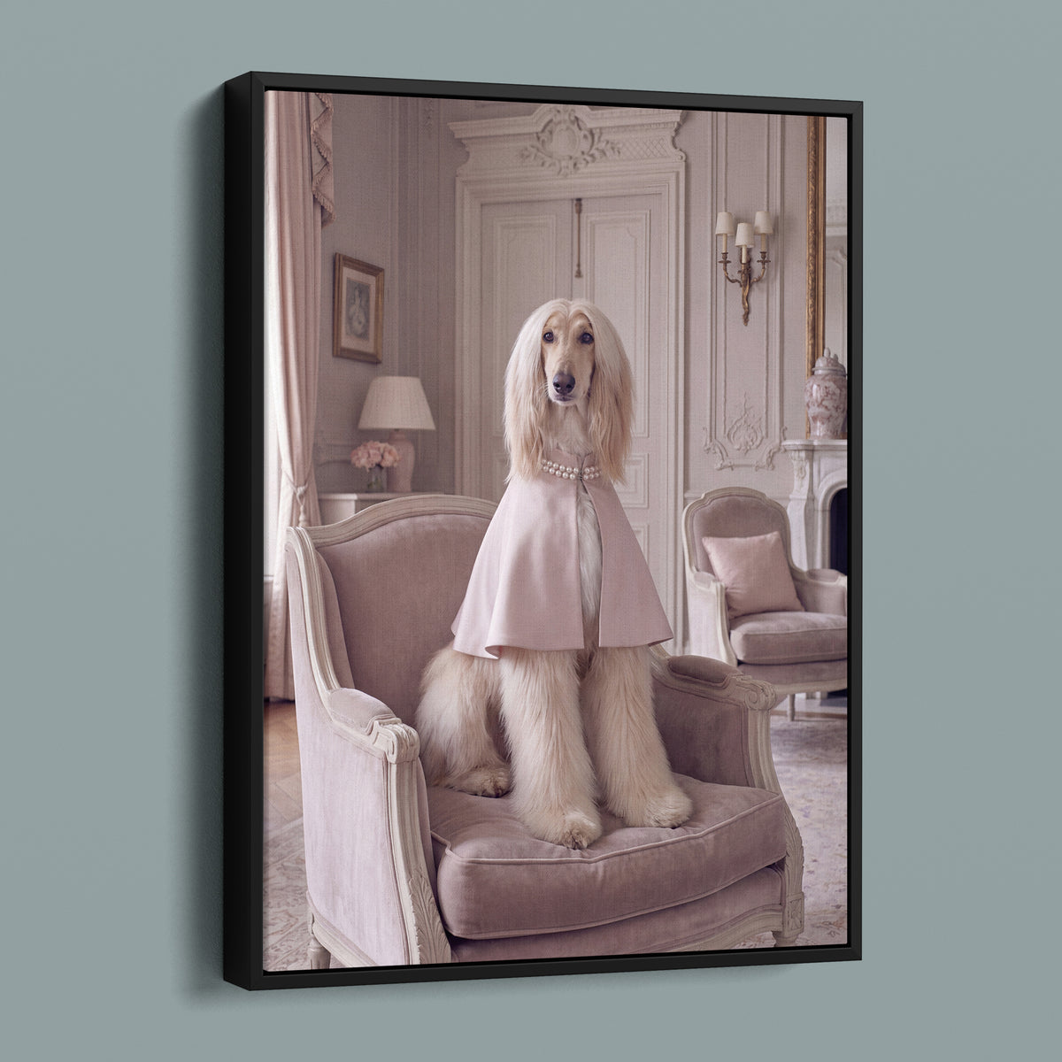 La Chienne de Mode framed canvas in a black frame, angled view