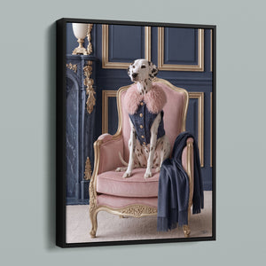 La Belle Dalmatienne framed canvas in a black frame, angled view