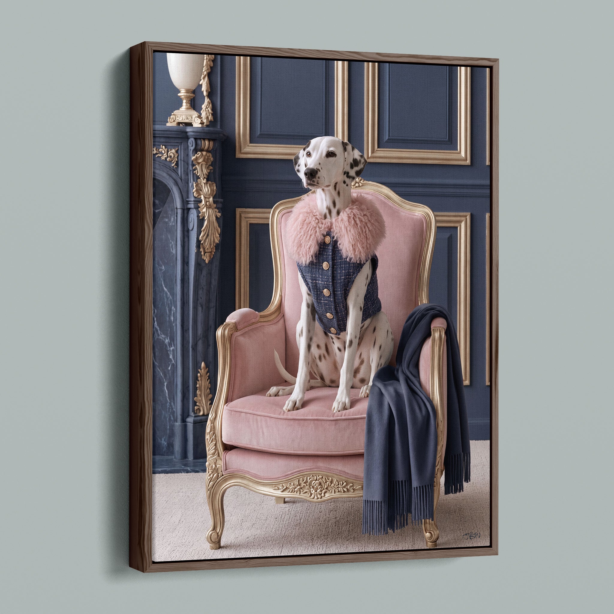La Belle Dalmatienne framed canvas in a dark walnut frame, angled view