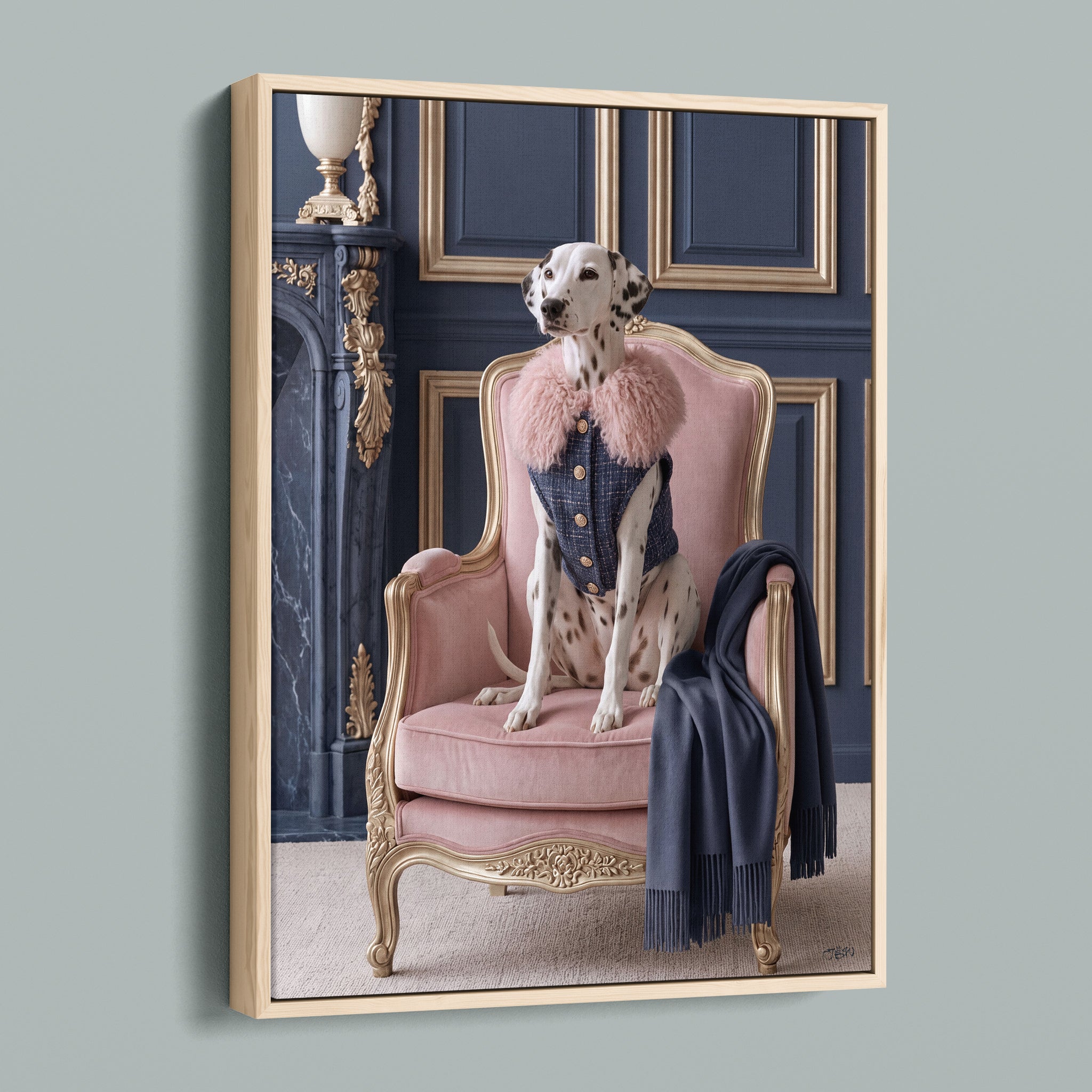 La Belle Dalmatienne framed canvas in a natural light wood frame, angled view