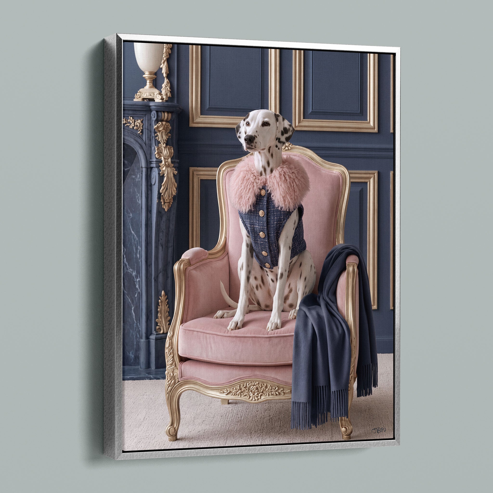 La Belle Dalmatienne framed canvas in a silver frame, angled view