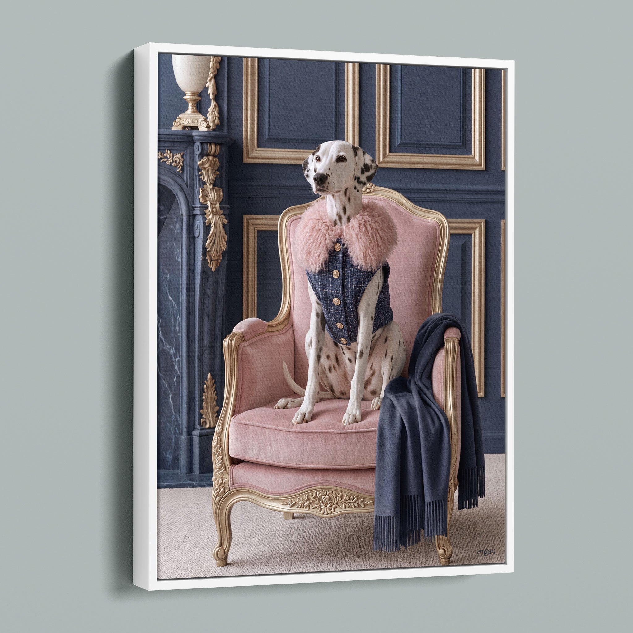 La Belle Dalmatienne framed canvas in a white frame, angled view