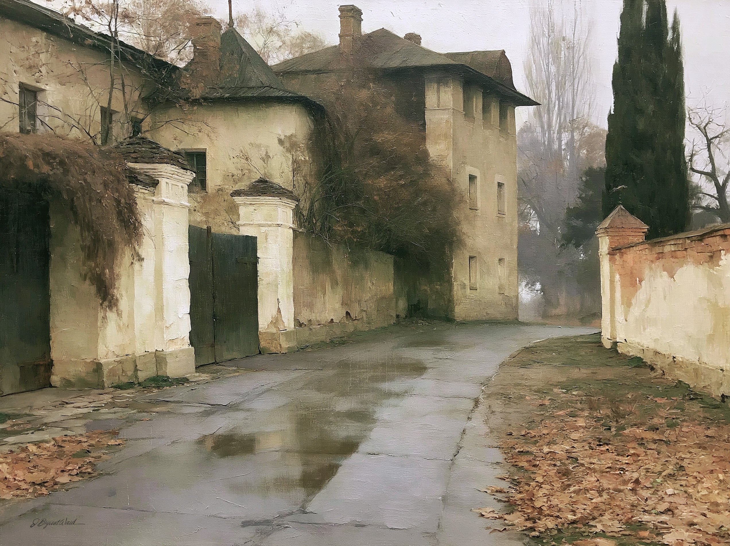 Oil painting-style art print of an aged European manor complex with weathered stucco walls, dark slate rooftops, and ornate white gate pillars, framed by bare deciduous trees and a tall cypress against a pale overcast winter sky, rendered in earthy ochres, deep browns, and muted grays.