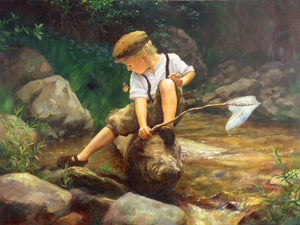 Inspirational painting of a child exploring nature by a stream, with a butterfly and reflective water, in soothing greens, browns, and blues.