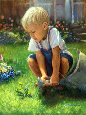 Inspirational painting of a child gardening with a watering can, surrounded by lush greenery and vibrant flowers, capturing youthful innocence and serenity.