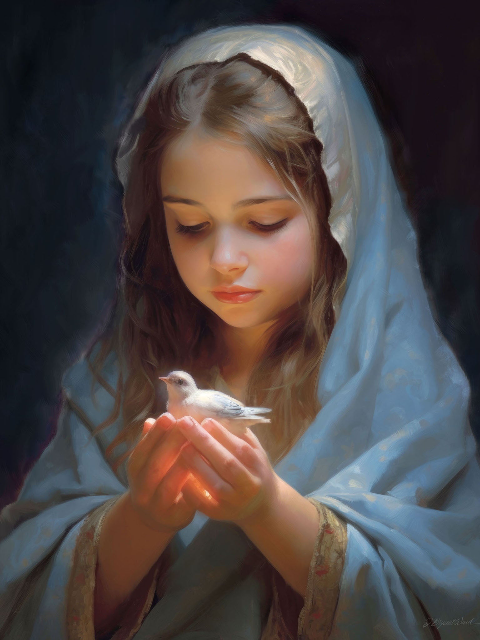 Inspirational painting of a child praying with a small white bird, featuring soft colors and gentle light, capturing a moment of reverence and compassion.