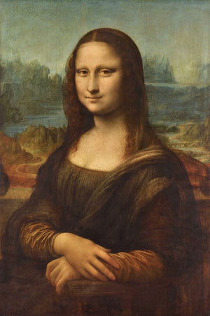 A classic portrait of a woman with an enigmatic smile, set against a serene landscape, showcasing Renaissance artistry.