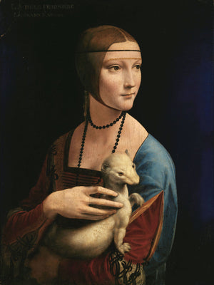 Classic Renaissance portrait by Leonardo da Vinci (1489) featuring a noblewoman with an ermine, showcasing exquisite elegance and fine art mastery.