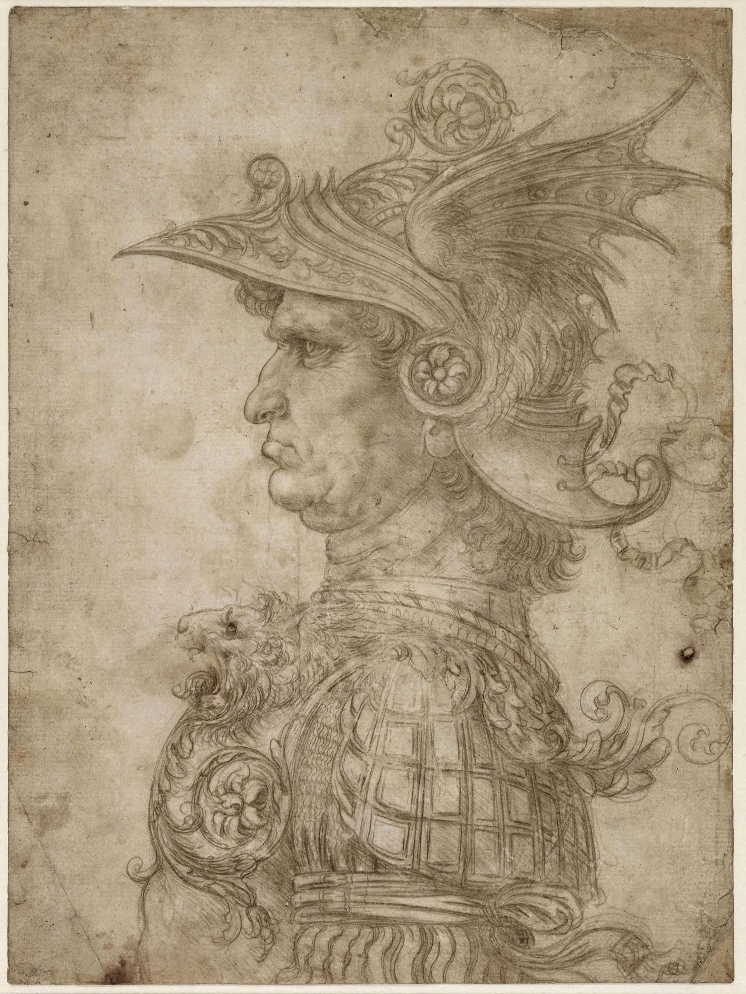 Intricate silverpoint drawing by Leonardo da Vinci of a warrior in profile, featuring detailed armor and helmet, showcasing Renaissance craftsmanship and historical elegance.