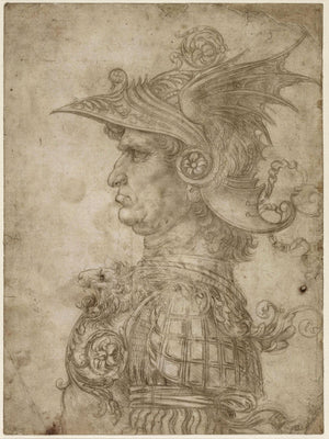 Intricate silverpoint drawing by Leonardo da Vinci of a warrior in profile, featuring detailed armor and helmet, showcasing Renaissance craftsmanship and historical elegance.