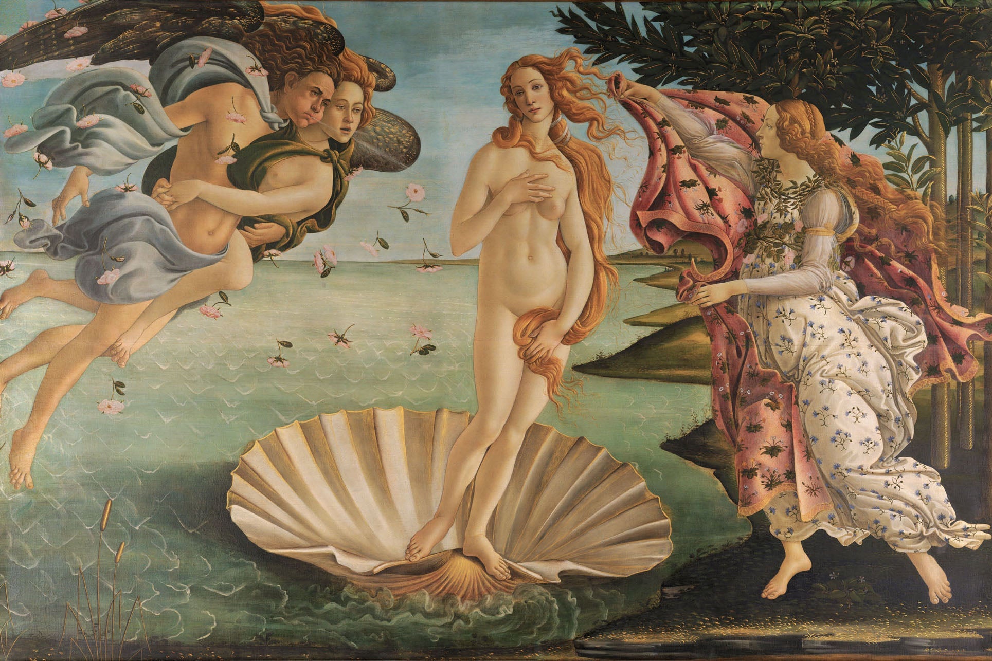 A classic Renaissance painting depicting the goddess Venus emerging from the sea, surrounded by mythological figures and flowers, symbolizing beauty and grace.