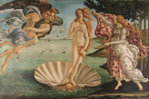 A classic Renaissance painting depicting the goddess Venus emerging from the sea, surrounded by mythological figures and flowers, symbolizing beauty and grace.