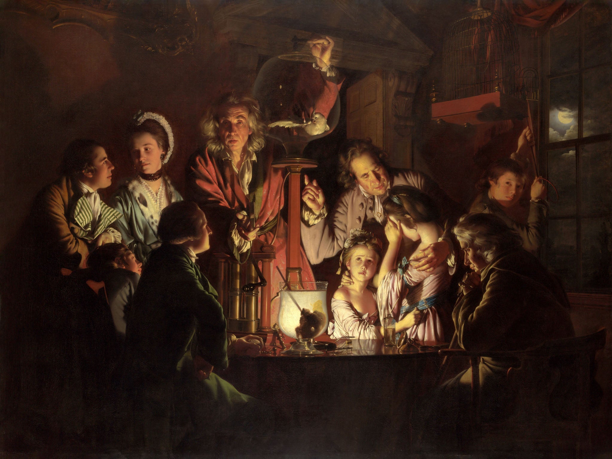 Dramatic 18th-century painting by Joseph Wright of Derby showing a scientific experiment on a bird in an air pump, featuring chiaroscuro and candlelight, capturing curiosity and suspense.
