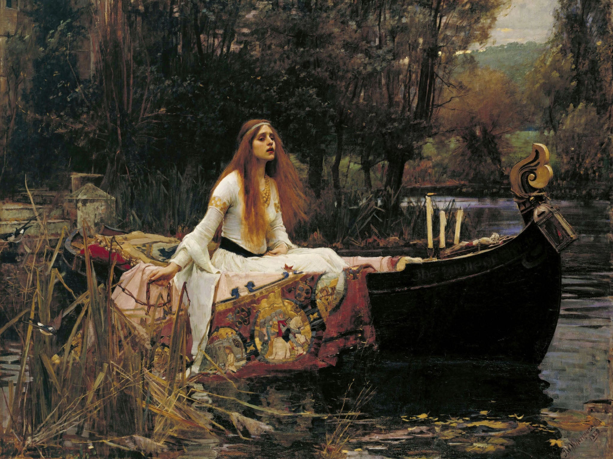 Pre-Raphaelite painting by John William Waterhouse depicting a mythical woman in a boat, reflecting solitude and longing, inspired by Alfred Lord Tennysonβs poem.