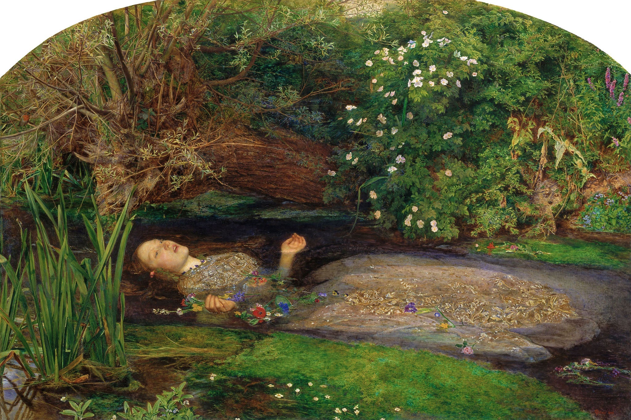 Pre-Raphaelite painting of Ophelia from Shakespeare's Hamlet, depicting her tragic drowning in a stream surrounded by detailed foliage and flowers, reflecting a serene yet sorrowful scene with Victorian artistry.