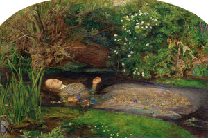 Pre-Raphaelite painting of Ophelia from Shakespeare's Hamlet, depicting her tragic drowning in a stream surrounded by detailed foliage and flowers, reflecting a serene yet sorrowful scene with Victorian artistry.